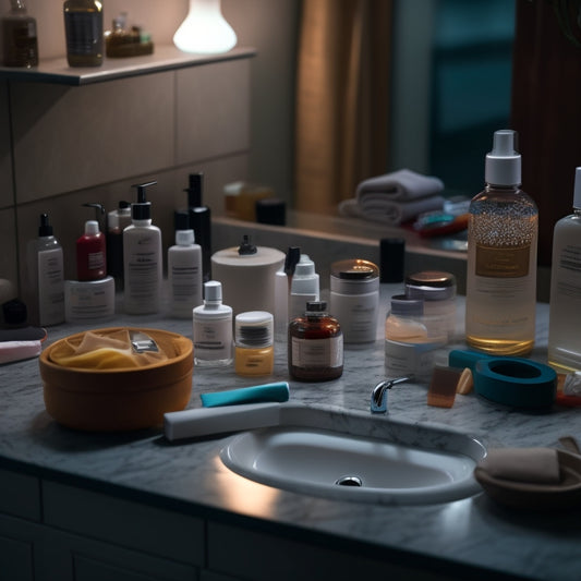 A dimly lit bathroom countertop with a messy array of toiletries, skincare products, and makeup scattered around a sink, with a few mysterious, unidentifiable specks and streaks hinting at hidden germs.