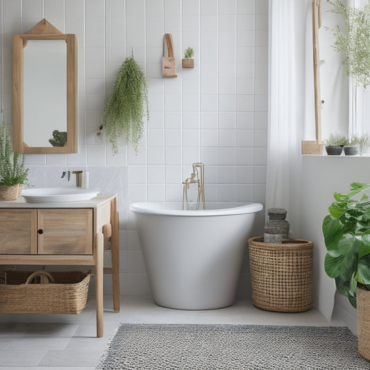 A minimalist bathroom with a freestanding tub, surrounded by wooden shelves in a natural finish, holding woven baskets, potted plants, and a few framed black and white photographs.