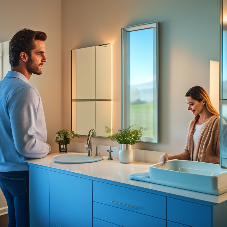 A modern bathroom with two people, one male and one female, standing in front of a large, rectangular double sink vanity with a sleek, white countertop and two separate mirrors.