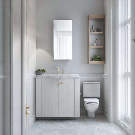 A minimalist bathroom with a corner unit vanity featuring a curved sink, a compact toilet, and a mirrored cabinet, surrounded by light gray walls and a white marble floor.