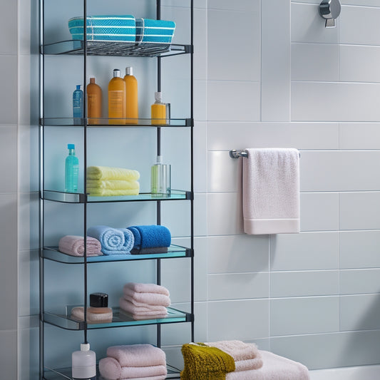 A sleek, modern bathroom showcasing a compact, multi-tiered shower caddy filled with colorful toiletries, mounted on a tiled wall, alongside a minimalist shower area with elegant fixtures and ambient lighting.