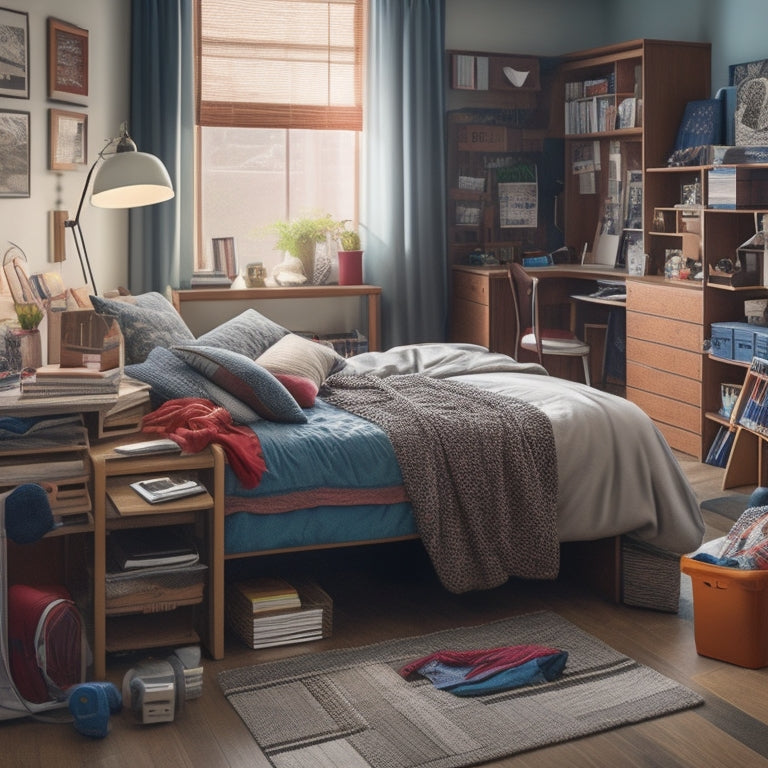 An illustration of a cluttered college dorm room with scattered books, clothes, and electronics, contrasted with a tidy, organized space in the background featuring a storage bed, stackable bins, and a compact desk.