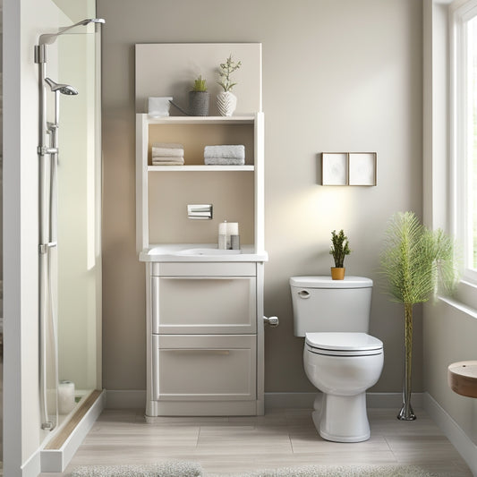 A modern bathroom with a white toilet, beige walls, and gray floor, featuring a sleek, white, three-tiered over-the-toilet shelving unit with rounded edges and polished chrome knobs.