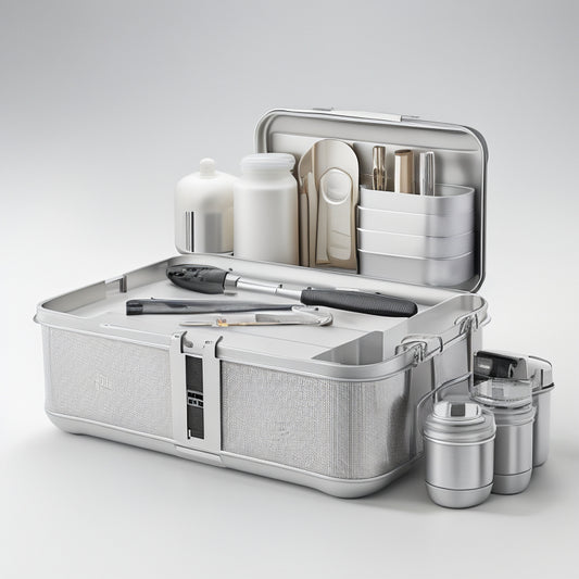 A sleek, silver command caddy with rounded edges and a compact design, showcasing neatly organized tools and cables, against a clean, white background with subtle shadows.