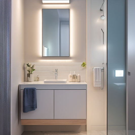 A minimalist bathroom with a small, wall-mounted sink, featuring a compact cabinet above it with a mirrored door, soft LED lighting, and a few decorative toiletries on top.