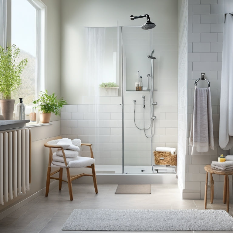 A serene bathroom scene with a sturdy, white shower chair positioned in the corner, surrounded by grab bars and a handheld showerhead, with a warm, calming light filtering through the steam.