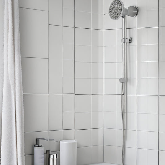 A minimalist bathroom with a sleek, silver shower caddy attached to the wall, holding a few toiletries, surrounded by gleaming white tiles and a modern, low-profile showerhead.