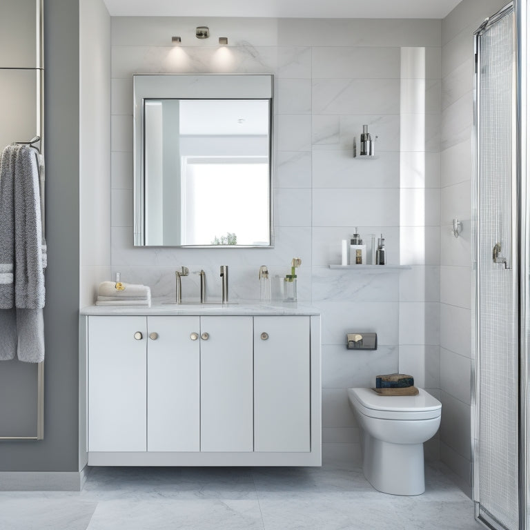 A sleek, modern bathroom with white walls and gray flooring, featuring a marble-patterned storage rack with chrome accents, holding toiletries and towels, against a backdrop of a large, circular mirror.