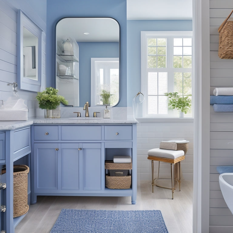 A bright, airy bathroom with a white vanity, grey countertops, and a large mirror, featuring a matching set of labeled storage baskets, bins, and shelves in a calming blue hue.