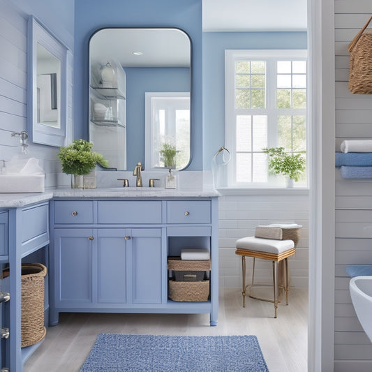 A bright, airy bathroom with a white vanity, grey countertops, and a large mirror, featuring a matching set of labeled storage baskets, bins, and shelves in a calming blue hue.