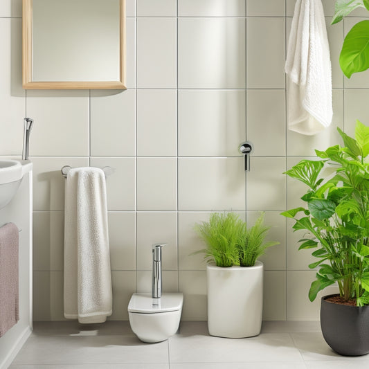 A minimalist bathroom with a sleek, wall-mounted corner stand in a polished chrome finish, holding a small potted plant and a few rolled towels, surrounded by a few decorative soap bottles.
