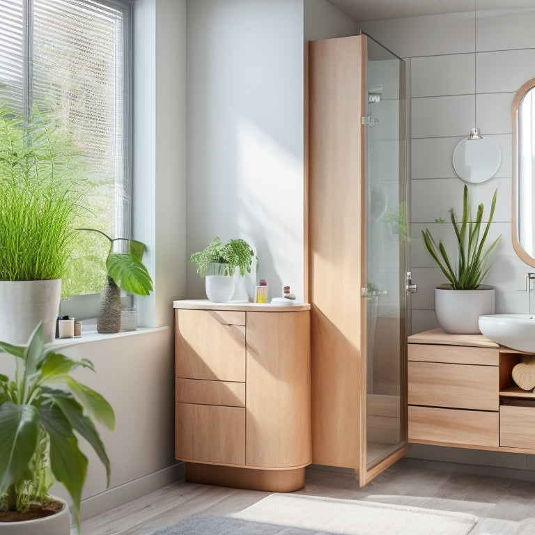 A sleek, modern bathroom featuring a rotating wooden storage unit, surrounded by minimalistic decor: soft pastels, elegant plants, and streamlined toiletries, all illuminated by natural light streaming through a frosted window.