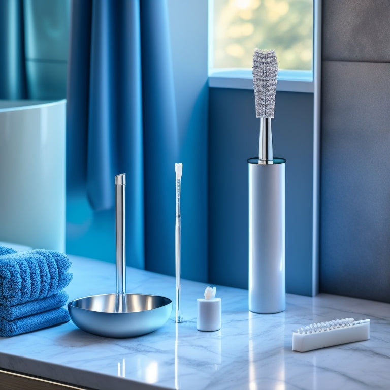 A sleek, modern bathroom countertop featuring a singular, futuristic 3D toothbrush holder in a metallic silver finish, with three toothbrushes inserted, against a calming white and gray marble background.