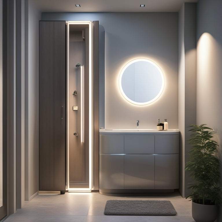 A sleek, modern bathroom with a rotating cabinet featuring a circular mirrored door, surrounded by minimalist fixtures, and illuminated by soft LED lights, with a warm, grey-toned color scheme.