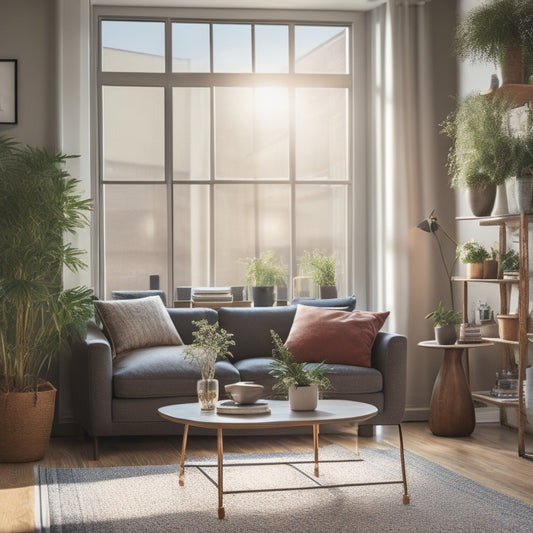 A serene and organized living room with a minimalist coffee table, a few potted plants, and a tidy bookshelf in the background, illuminated by warm, natural light pouring through a large window.