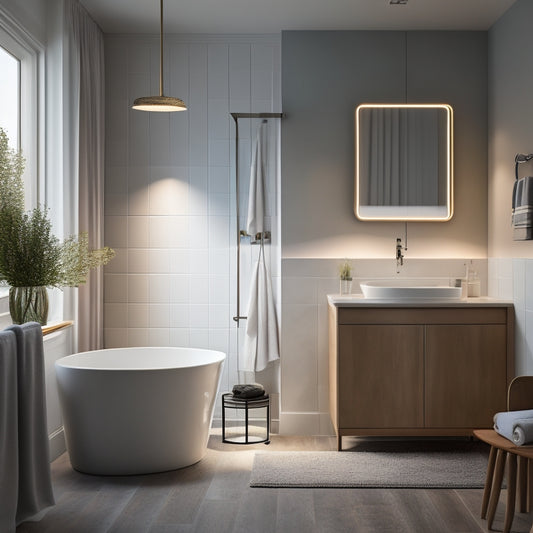 A serene bathroom scene featuring a freestanding tub, surrounded by soft, warm floor lamps and under-cabinet LED strips, with a rain showerhead and sleek, modern fixtures.