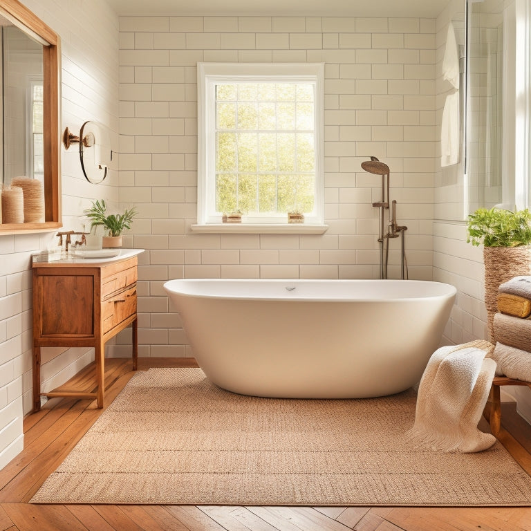 A serene bathroom with a freestanding tub, surrounded by creamy white subway tiles, paired with a rainfall showerhead and a woven natural fiber rug on a warm, honey-toned wood floor.