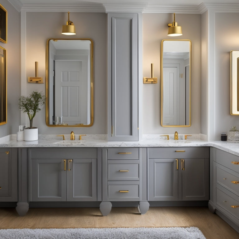 A sleek, modern bathroom with three wall-mounted mirrored cabinets in different styles: one with a rounded corner, one with a LED-lit trim, and one with a ornate gold frame, against a calming gray wall.