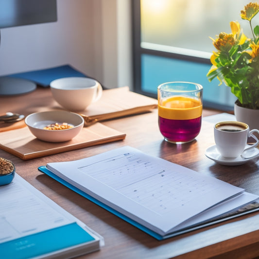 A tidy, modern desk with a planner open to a colorful, organized calendar page, surrounded by a few essential office supplies and a steaming cup of coffee, bathed in soft, natural light.