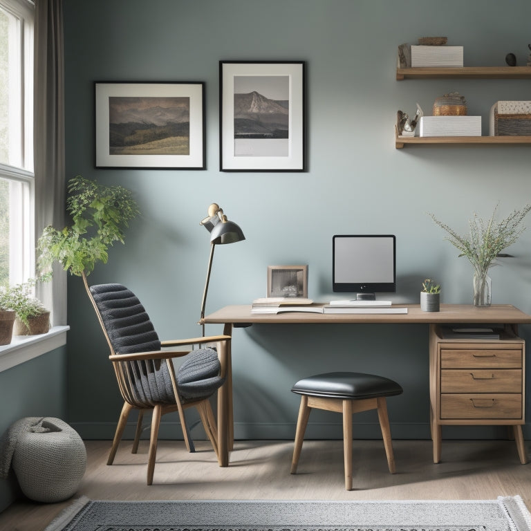 A serene, minimalist home office with a tidy desk, a wooden chair, and a few choice decorative items, featuring a prominent, color-coded binder with neatly tabbed sections and a few scribbled notes.