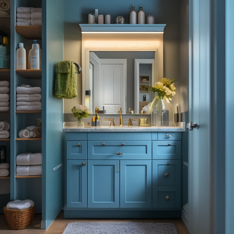 A tidy bathroom with a wall-mounted cabinet featuring three drawers of varying sizes, each filled with neatly arranged bathroom essentials and beauty products, illuminated by soft, warm lighting.