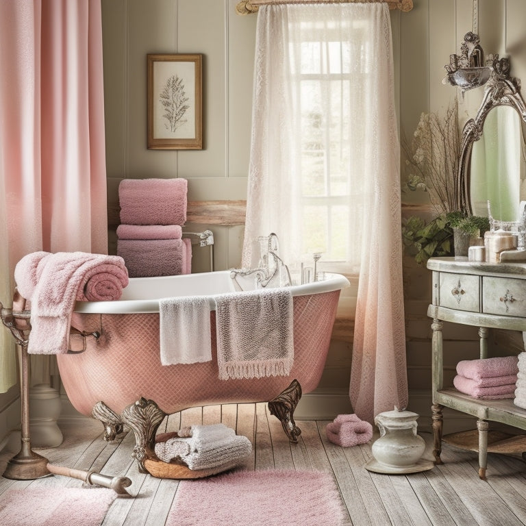 A charming vintage bathroom featuring ornate wooden shelves with antique jars, a distressed metal cart filled with rolled towels, and a lace curtain softly draping over a clawfoot bathtub, surrounded by pastel-colored decor.