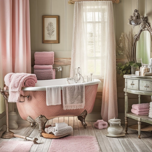 A charming vintage bathroom featuring ornate wooden shelves with antique jars, a distressed metal cart filled with rolled towels, and a lace curtain softly draping over a clawfoot bathtub, surrounded by pastel-colored decor.