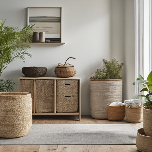 A serene, minimalist room with woven storage baskets in natural materials, placed strategically around the space, containing neatly organized items, surrounded by potted plants and soft, warm lighting.