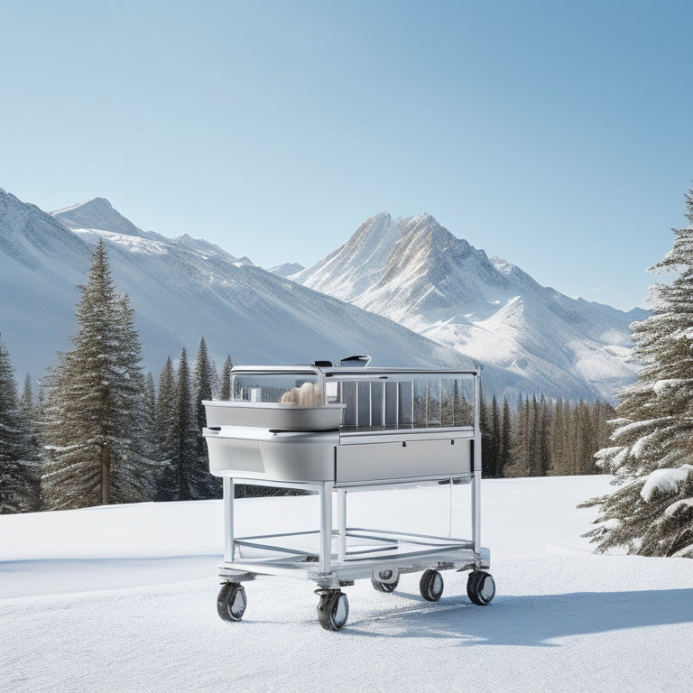 A sleek, silver mobile cart with multiple tiers, each holding rolled-up blueprints, standing in front of a snowy mountain range with a few evergreen trees, under a bright blue sky.