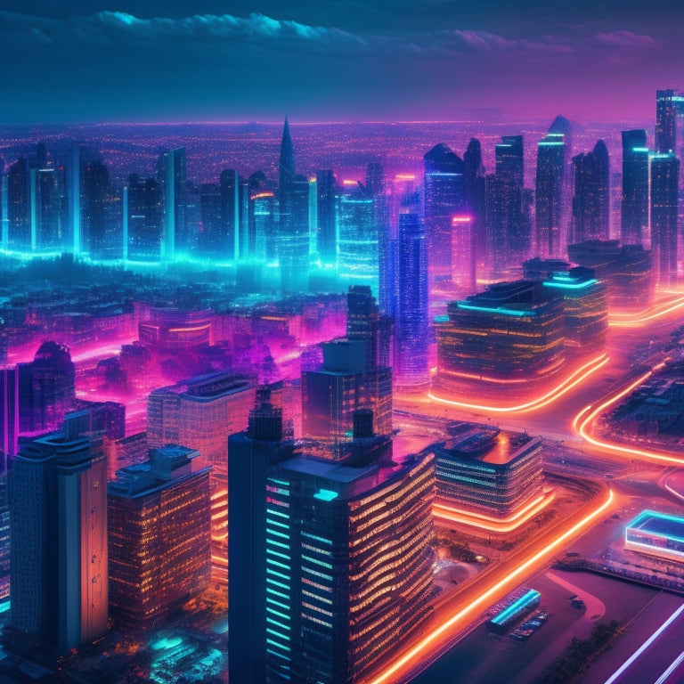 A futuristic, neon-lit cityscape with glowing circuit boards and wires weaving through skyscrapers, interconnected by pulses of light, symbolizing the fusion of technology and innovation.
