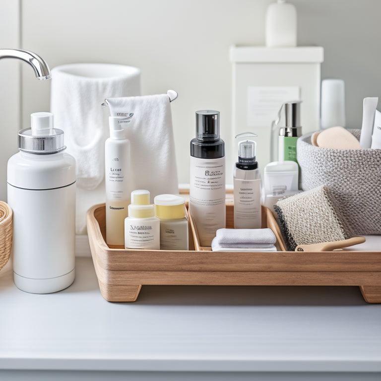 A tidy bathroom drawer with stacked, labeled baskets, a shallow tray for small items, and a vertical divider separating toiletries from beauty products, all set against a clean, white background.