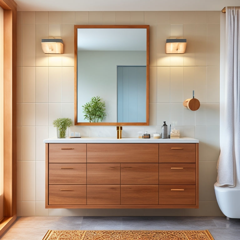 Generate an image of a sleek, modern bathroom with a wall-mounted vanity cabinet in a warm, honey-brown wood tone, featuring soft-close drawers and a large, oval-shaped mirror above.