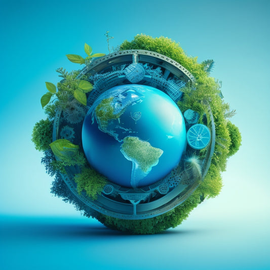 A stylized globe surrounded by interconnected gears, leaves, and recycling symbols, set against a bright blue background with subtle hints of green, conveying innovation and sustainability.