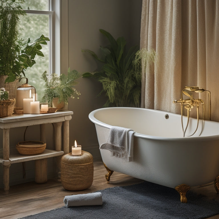 A serene bathroom scene featuring a freestanding tub, surrounded by lush greenery, with gold accents on the fixtures, a woven basket, and a few carefully placed candles, bathed in soft, warm light.