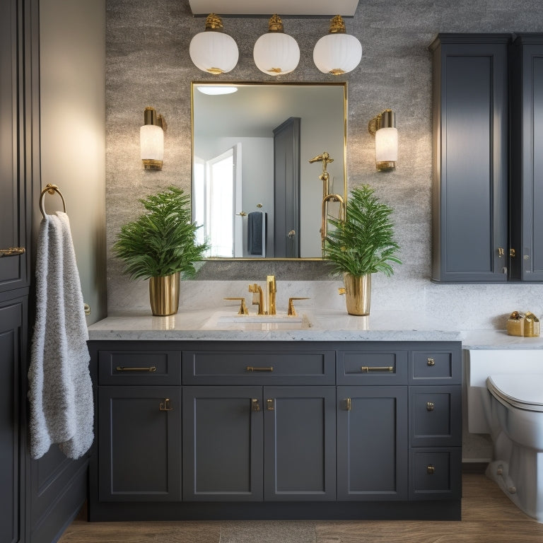 A visually stunning bathroom with a sleek, modern sink nestled in a rich, dark gray granite countertop, surrounded by crisp white cabinets and a warm, golden lighting ambiance.