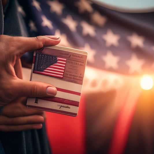 A close-up of a person's hands holding a U.S. passport and a certificate of naturalization, with a blurred American flag in the background and a subtle hint of a clock or a speedometer.