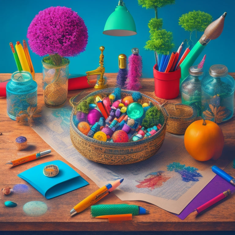 A whimsical illustration of a writer's desk overflowing with colorful pens, papers, and eclectic objects, surrounded by a sprawling mind map with radiating branches and vibrant bubbles.