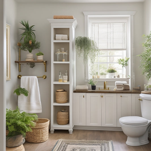 A stylish bathroom with creamy white walls, featuring a floor-to-ceiling cabinet with open shelves displaying decorative towels, potted plants, and elegant apothecary jars, surrounded by soft, warm lighting.