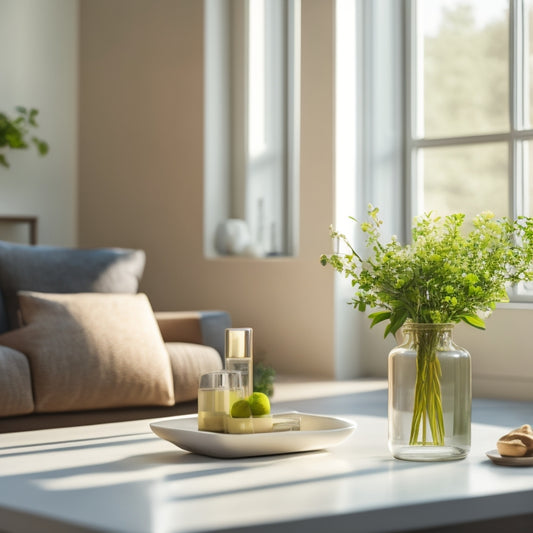 A serene, minimalist living room with a few, carefully selected items on a sleek shelf, a vase with fresh flowers on a coffee table, and a subtle, natural light pouring through a window.