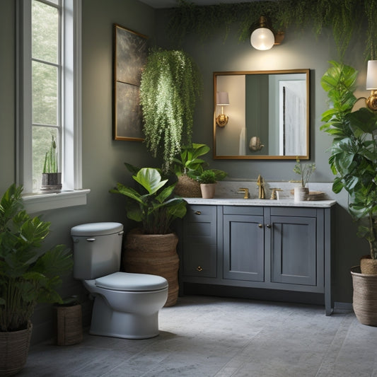 A serene, well-lit bathroom with 7 distinct sink styles, each on a separate pedestal or vanity, surrounded by lush greenery, natural stone, and sleek, modern fixtures.