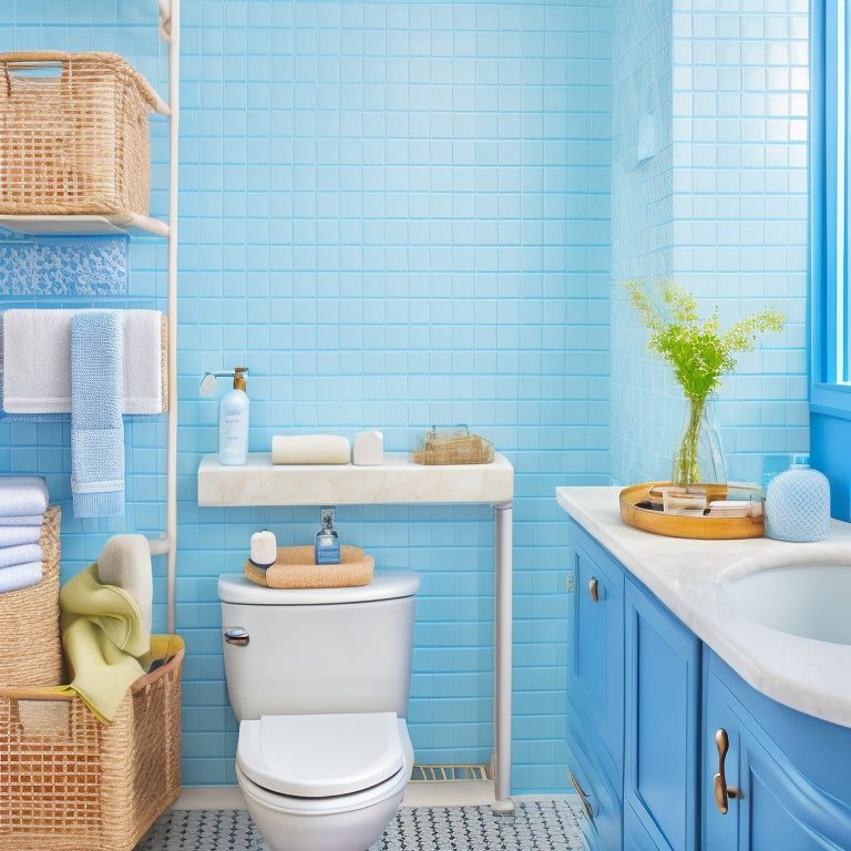 A clutter-free bathroom with a shower caddy, woven basket on a toilet tank, and a suction-cupped shelf on the shower wall, amidst a calming blue and white tile background.