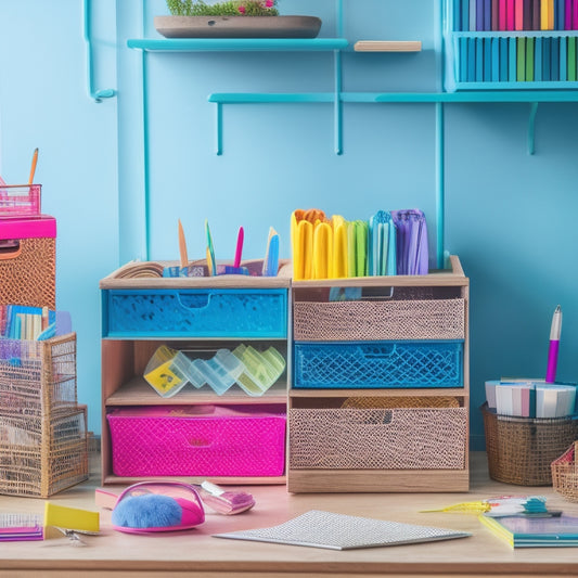 A colorful, organized desk with a variety of planner supplies stored in stacked wooden crates, woven baskets, and transparent drawers, with a few pens and stickers scattered on a marble background.