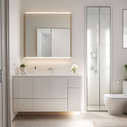 A serene, modern bathroom with a built-in medicine cabinet featuring a mirrored door, soft-close drawers, and ambient LED lighting, surrounded by crisp white walls and a sleek, minimalist countertop.