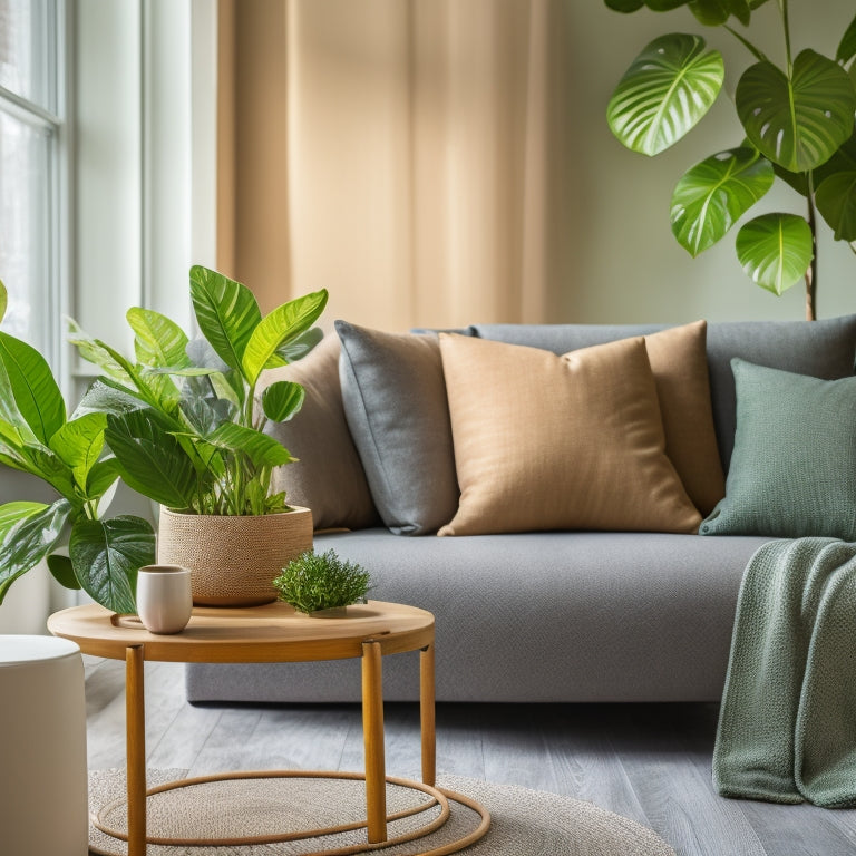 A serene living room with a balanced blend of modern and natural elements: a minimalist coffee table, a lush green plant, and a few carefully placed throw pillows in soothing colors.