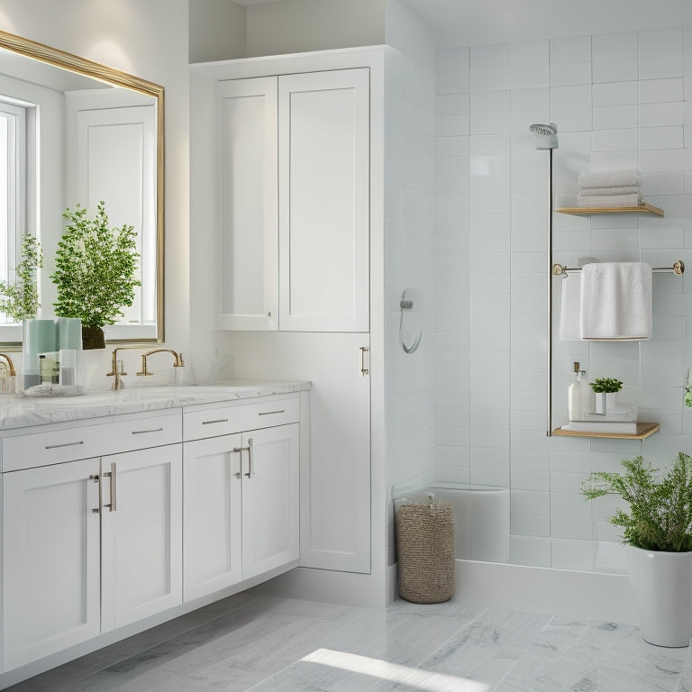 A modern bathroom with a sleek, white wall-mounted shelving unit featuring two glass doors, three adjustable shelves, and a chrome handle, surrounded by marble countertops and a freestanding tub.