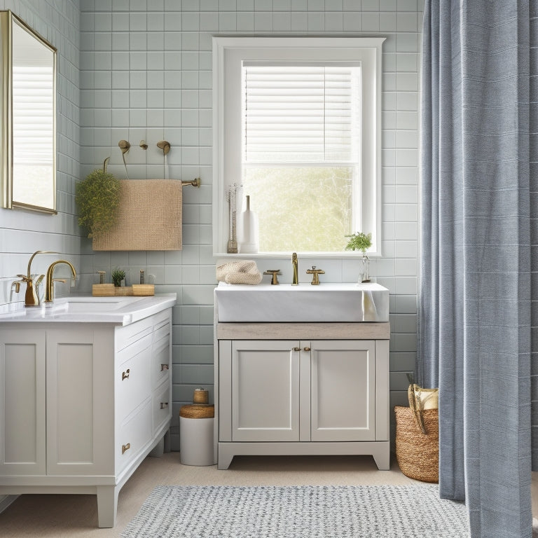 A clutter-free bathroom with a wall-mounted cabinet featuring sliding glass doors, a pedestal sink with built-in storage, and a woven storage basket placed beside a freestanding tub.