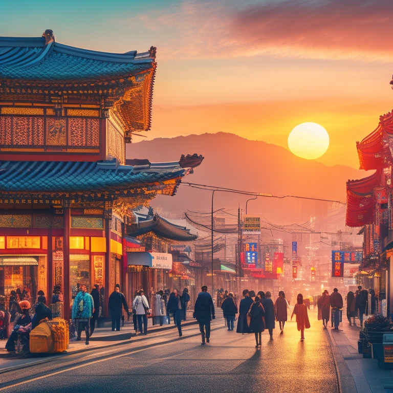 A vibrant illustration of a bustling Seoul street scene at sunset, featuring a mix of traditional and modern architecture, with a subtle Korean flag motif woven into the design.