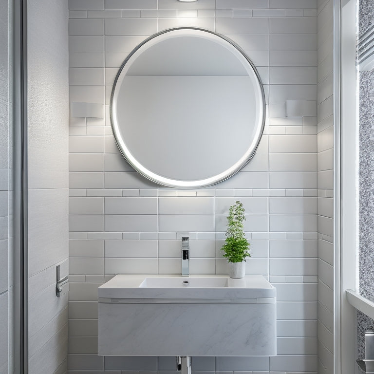 A modern bathroom with a wall-mounted, LED-lit medicine cabinet featuring a large, rounded mirror, flanked by two slim, chrome-finished handles, set against a backdrop of crisp white tiles and subtle grey grout.