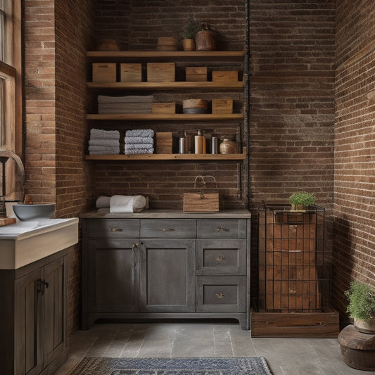 A dimly lit, industrial-chic bathroom with exposed brick walls, featuring a distressed metal shelving unit, wooden crates, and metal baskets storing toiletries and towels amidst a backdrop of rustic wooden beams.