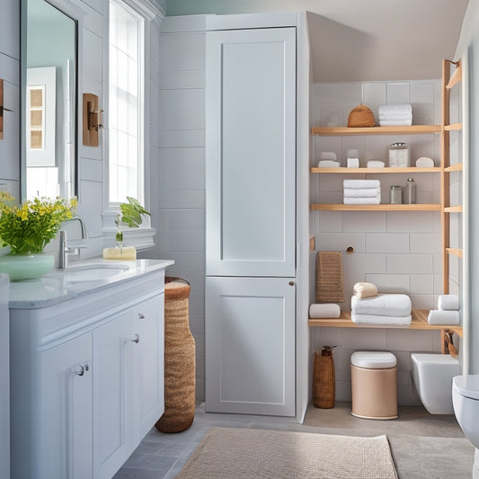 A serene, modern bathroom with a wall-mounted cabinet, a pedestal sink with built-in storage, and a shower caddy with hanging towels, showcasing clever use of space and minimal clutter.